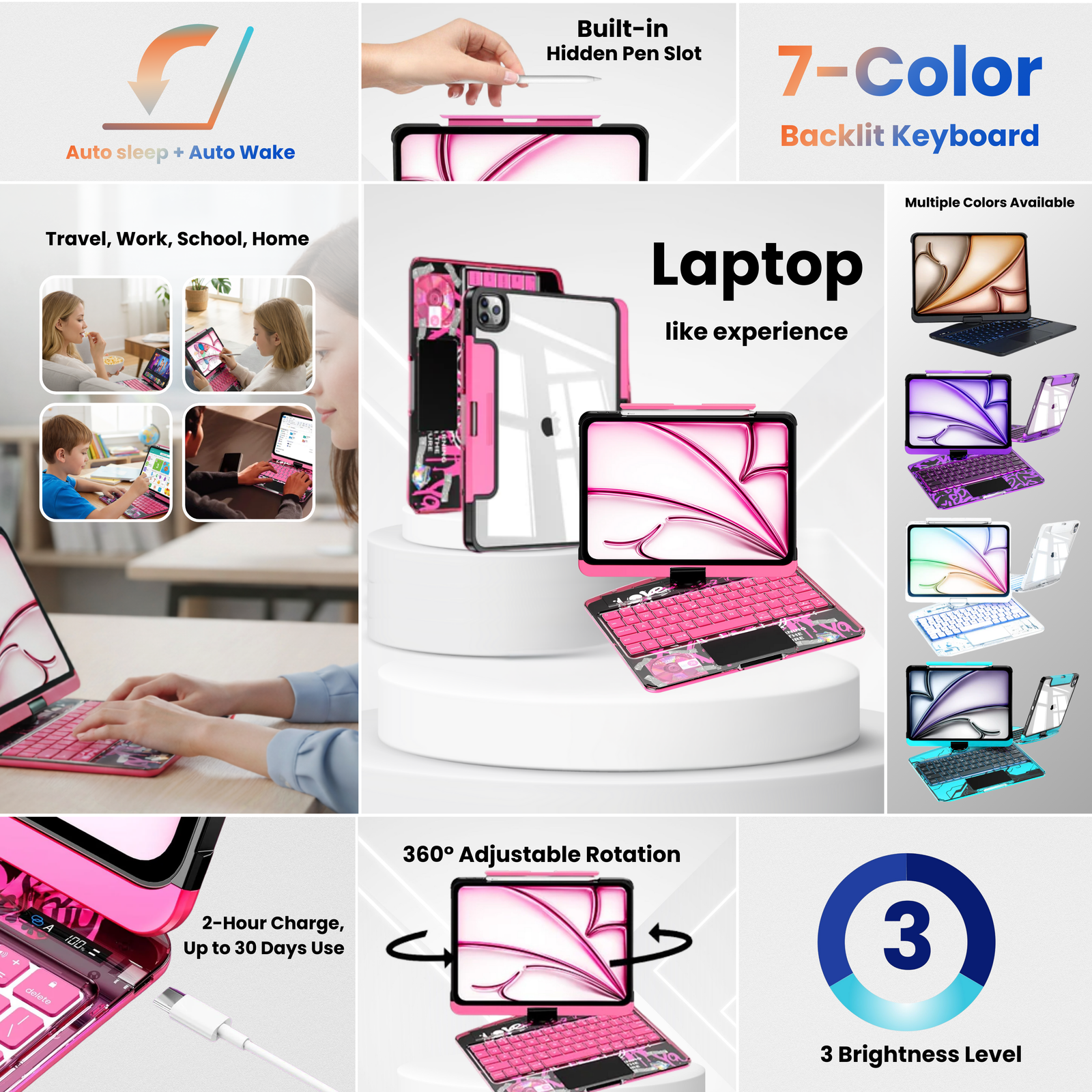 Transparent Pink Swivelle 360° keyboard case with backlit keys and hidden Pencil slot