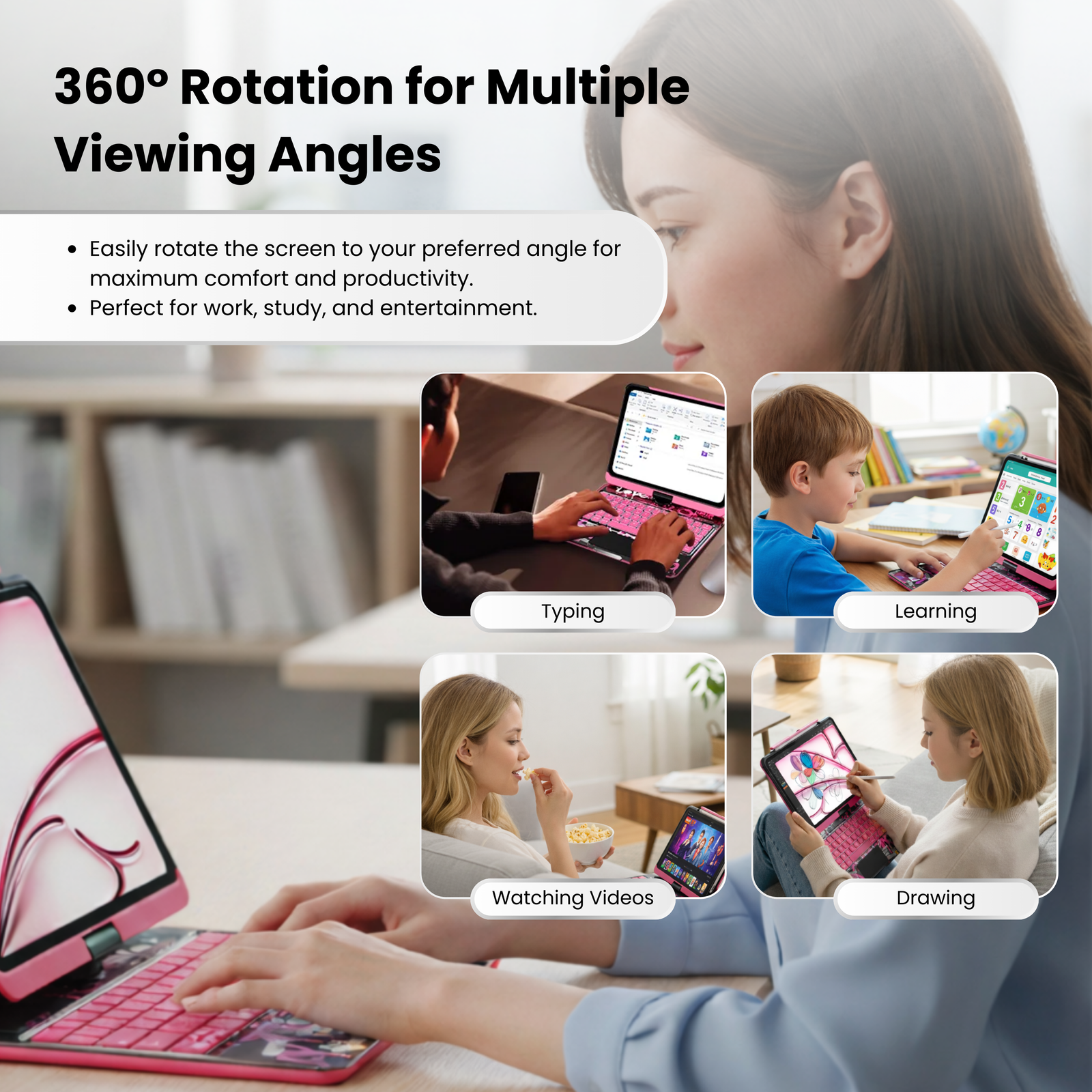 Swivelle 360° keyboard case shown at multiple viewing angles